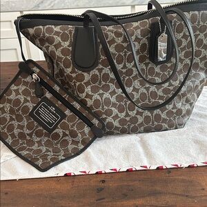Coach Brown Signature Canvas Tote with Dark Trim and Pouch